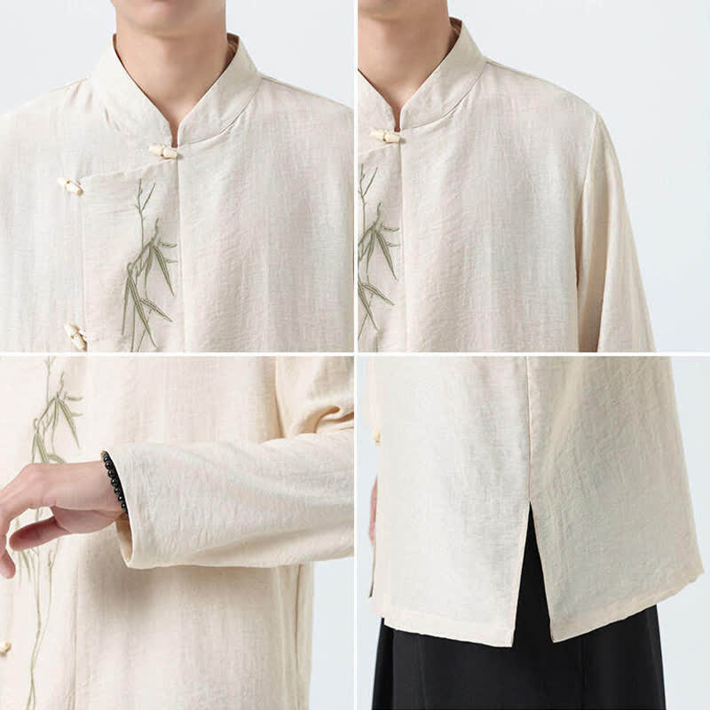 Nimara Ritual Spring Tang Style Vintage Mandarin Collar Frog Button Bamboo Embroidery Men's Long Sleeve Shirts