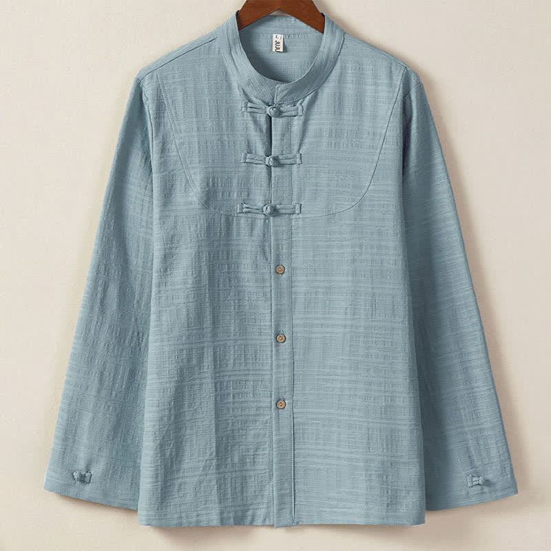 Nimara Ritual Fall Winter Tang Style Vintage Mandarin Collar Frog Button Solid Men's Long Sleeve Shirts