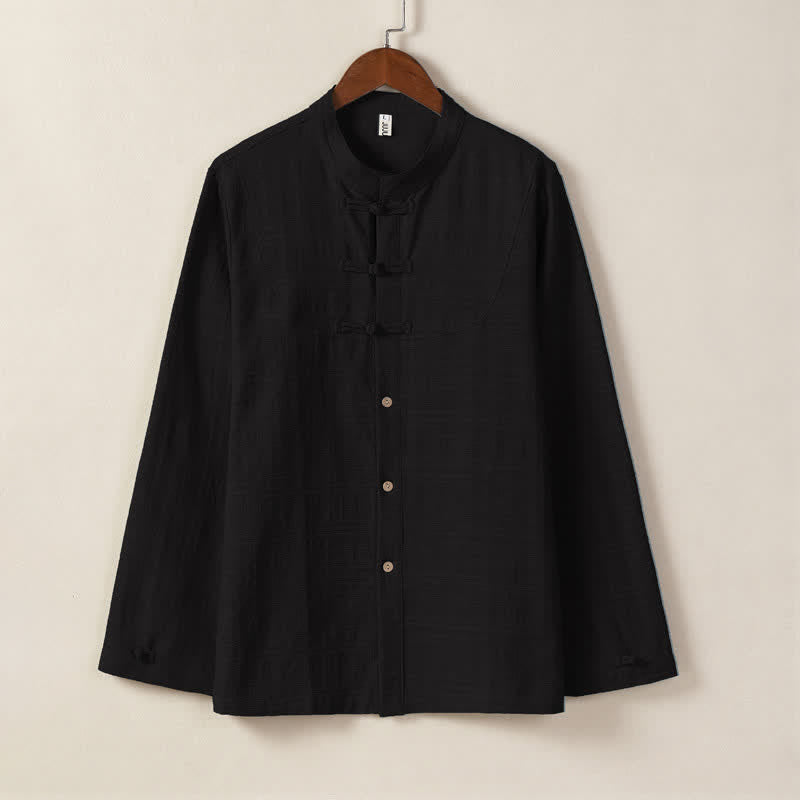 Nimara Ritual Fall Winter Tang Style Vintage Mandarin Collar Frog Button Solid Men's Long Sleeve Shirts