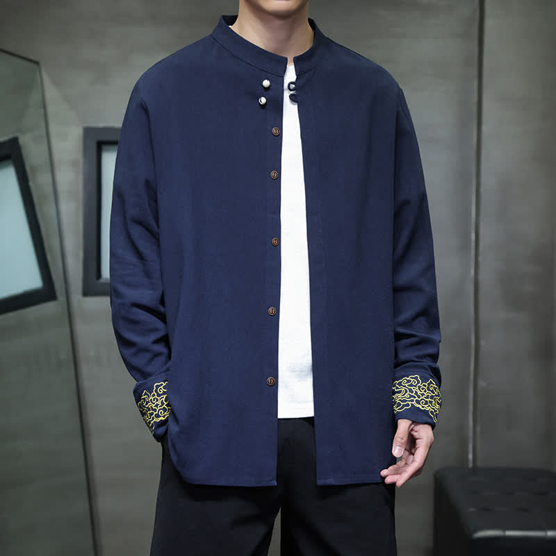 Nimara Ritual Fall Winter Tang Style Casual Mandarin Collar Embroidery Auspicious Clouds Cuffs Solid Men's Long Sleeve Shirts