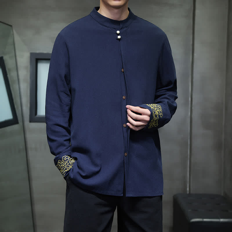 Nimara Ritual Fall Winter Tang Style Casual Mandarin Collar Embroidery Auspicious Clouds Cuffs Solid Men's Long Sleeve Shirts