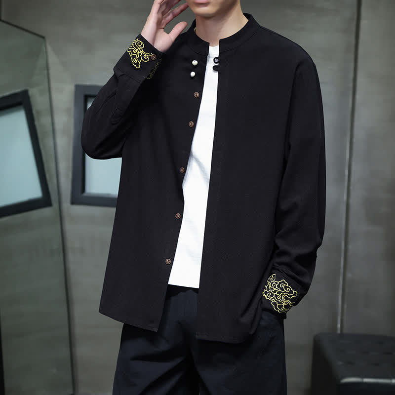 Nimara Ritual Fall Winter Tang Style Casual Mandarin Collar Embroidery Auspicious Clouds Cuffs Solid Men's Long Sleeve Shirts