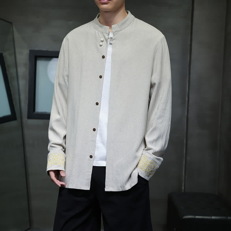 Nimara Ritual Fall Winter Tang Style Casual Mandarin Collar Embroidery Auspicious Clouds Cuffs Solid Men's Long Sleeve Shirts
