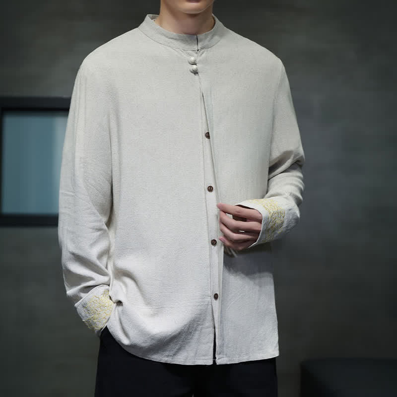 Nimara Ritual Fall Winter Tang Style Casual Mandarin Collar Embroidery Auspicious Clouds Cuffs Solid Men's Long Sleeve Shirts