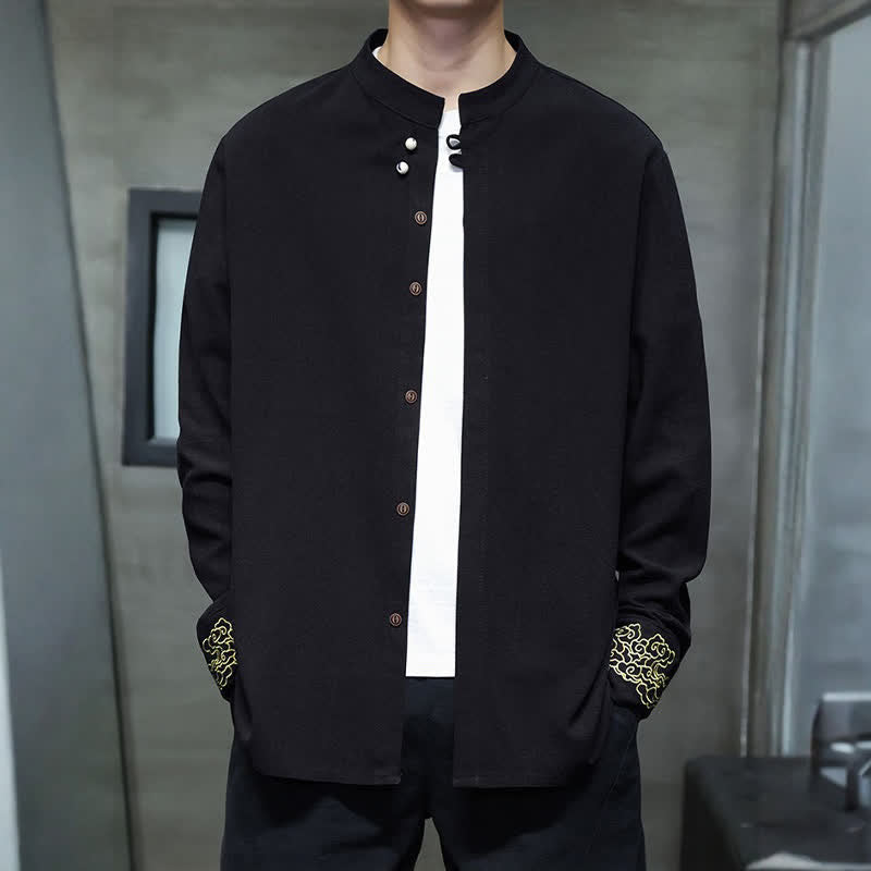 Nimara Ritual Fall Winter Tang Style Casual Mandarin Collar Embroidery Auspicious Clouds Cuffs Solid Men's Long Sleeve Shirts