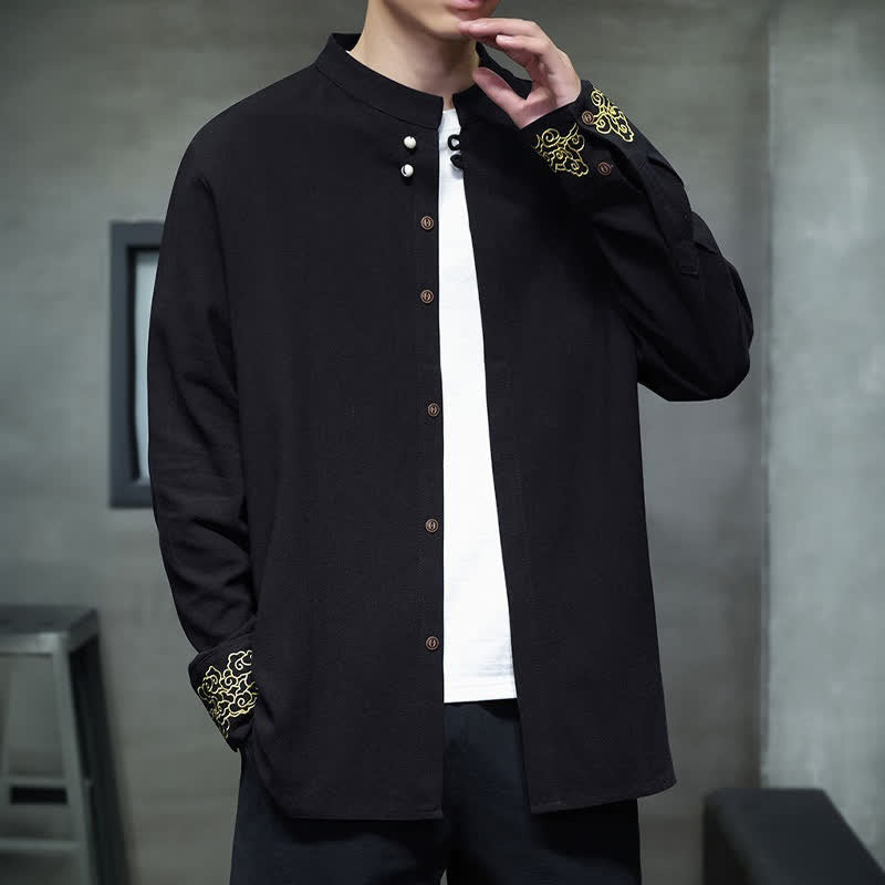 Nimara Ritual Fall Winter Tang Style Casual Mandarin Collar Embroidery Auspicious Clouds Cuffs Solid Men's Long Sleeve Shirts