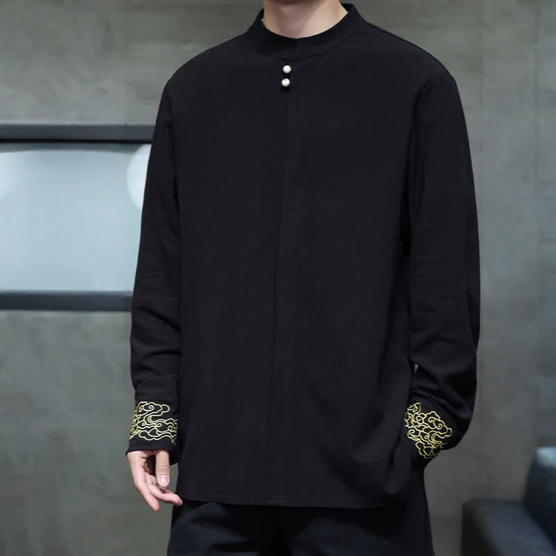 Nimara Ritual Fall Winter Tang Style Casual Mandarin Collar Embroidery Auspicious Clouds Cuffs Solid Men's Long Sleeve Shirts