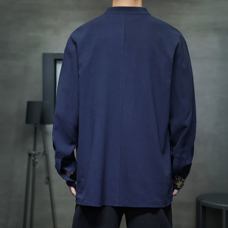 Nimara Ritual Fall Winter Tang Style Casual Mandarin Collar Embroidery Auspicious Clouds Cuffs Solid Men's Long Sleeve Shirts