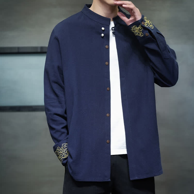 Nimara Ritual Fall Winter Tang Style Casual Mandarin Collar Embroidery Auspicious Clouds Cuffs Solid Men's Long Sleeve Shirts