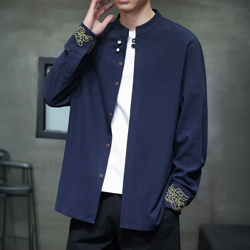 Nimara Ritual Fall Winter Tang Style Casual Mandarin Collar Embroidery Auspicious Clouds Cuffs Solid Men's Long Sleeve Shirts