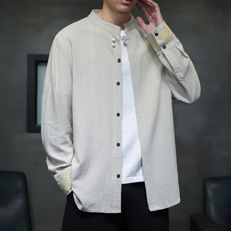 Nimara Ritual Fall Winter Tang Style Casual Mandarin Collar Embroidery Auspicious Clouds Cuffs Solid Men's Long Sleeve Shirts