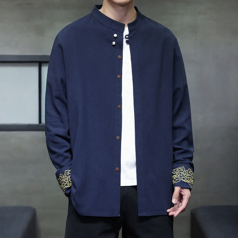 Nimara Ritual Fall Winter Tang Style Casual Mandarin Collar Embroidery Auspicious Clouds Cuffs Solid Men's Long Sleeve Shirts