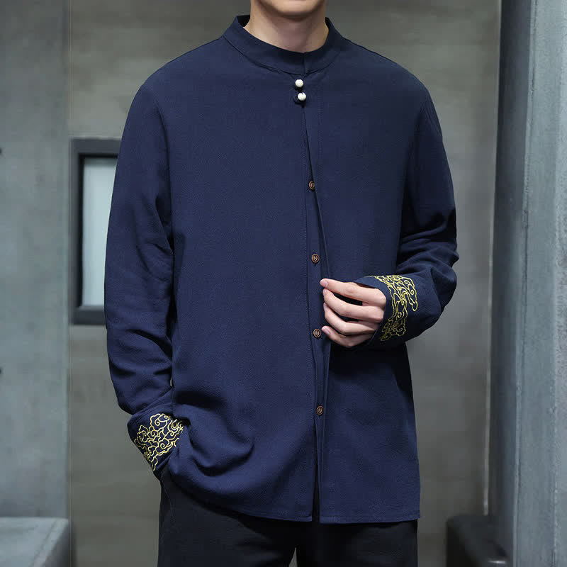 Nimara Ritual Fall Winter Tang Style Casual Mandarin Collar Embroidery Auspicious Clouds Cuffs Solid Men's Long Sleeve Shirts