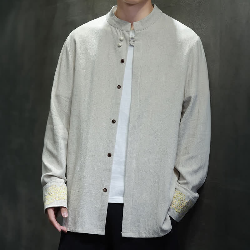 Nimara Ritual Fall Winter Tang Style Casual Mandarin Collar Embroidery Auspicious Clouds Cuffs Solid Men's Long Sleeve Shirts