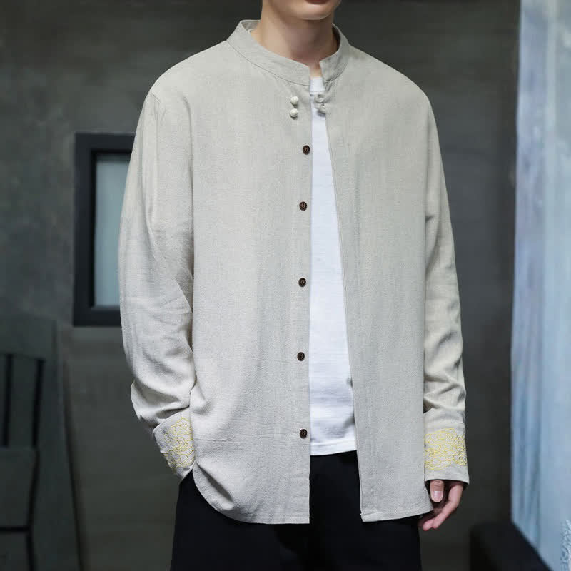 Nimara Ritual Fall Winter Tang Style Casual Mandarin Collar Embroidery Auspicious Clouds Cuffs Solid Men's Long Sleeve Shirts