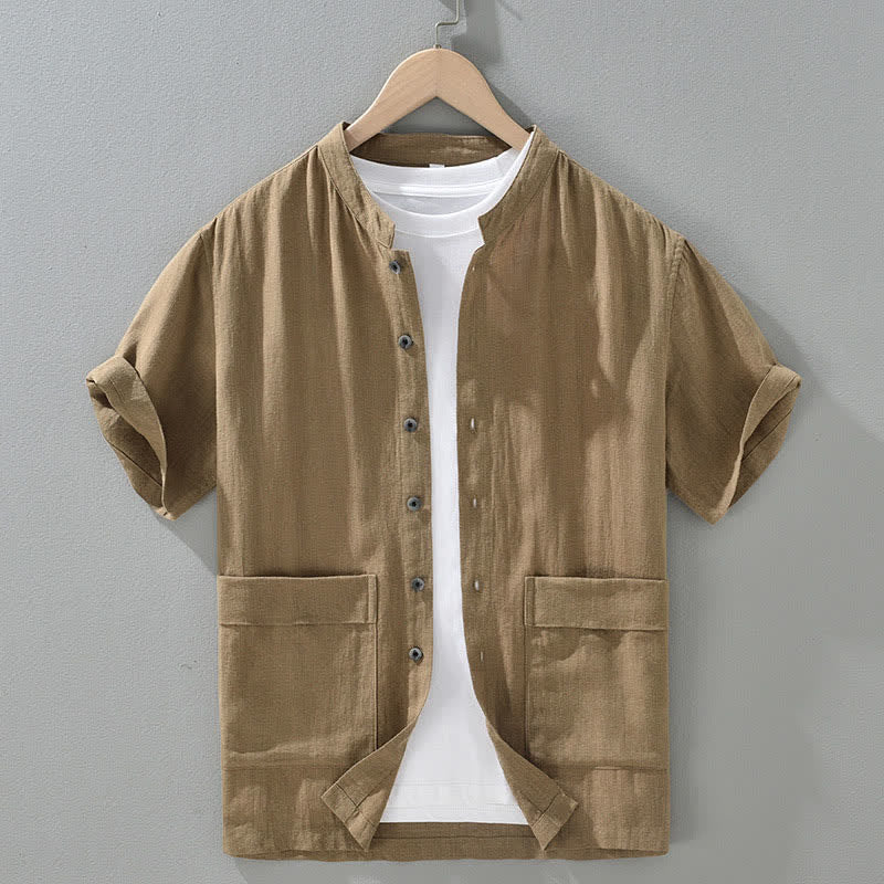 Nimara Ritual Summer Casual Mandarin Collar Button-Up Solid Men's Short Sleeve Shirts With Pockets