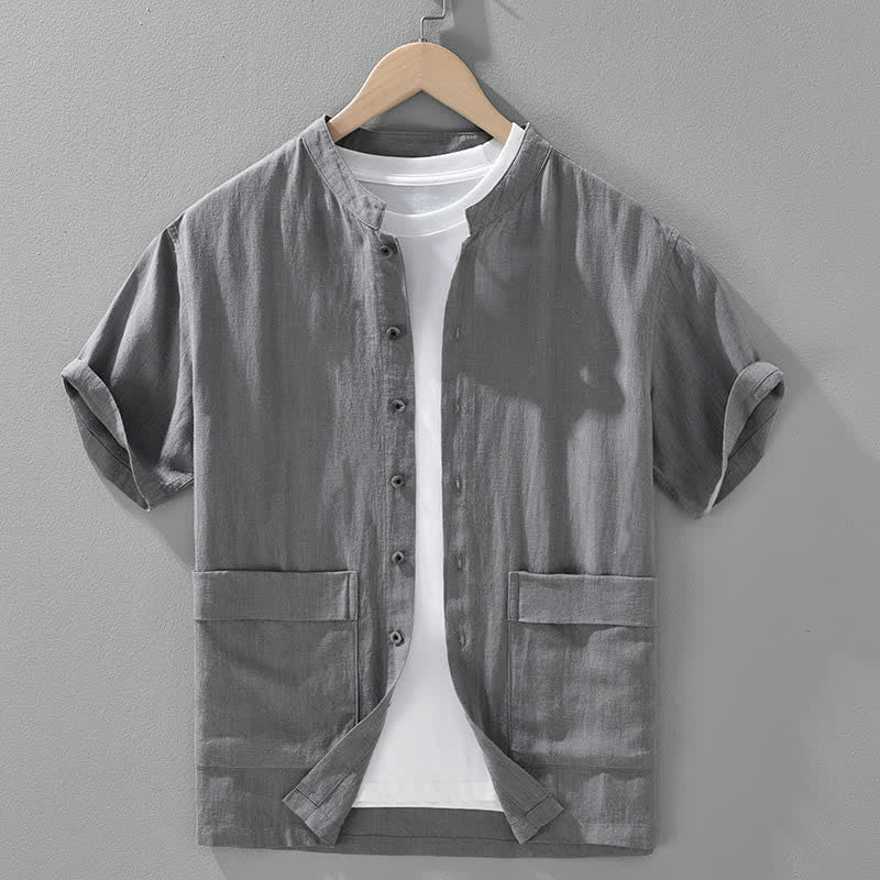 Nimara Ritual Summer Casual Mandarin Collar Button-Up Solid Men's Short Sleeve Shirts With Pockets