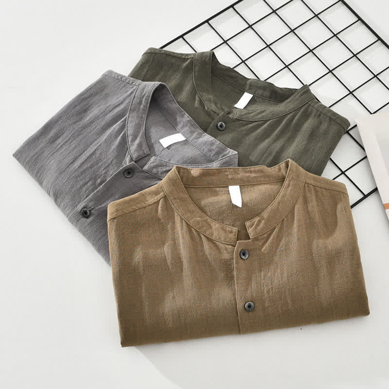 Nimara Ritual Summer Casual Mandarin Collar Button-Up Solid Men's Short Sleeve Shirts With Pockets