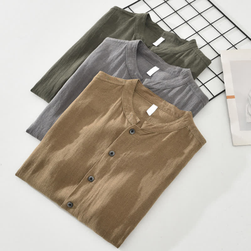 Nimara Ritual Summer Casual Mandarin Collar Button-Up Solid Men's Short Sleeve Shirts With Pockets