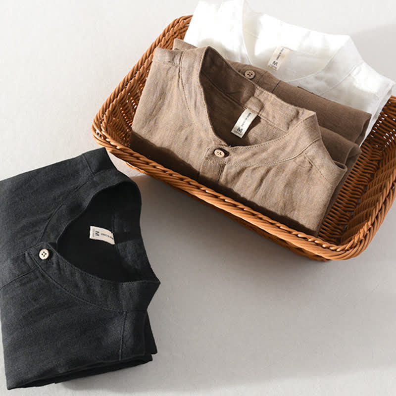 Nimara Ritual Summer Casual Tang Style Mandarin Collar Solid Linen Men's Short Sleeve Shirts With Patch Pocket