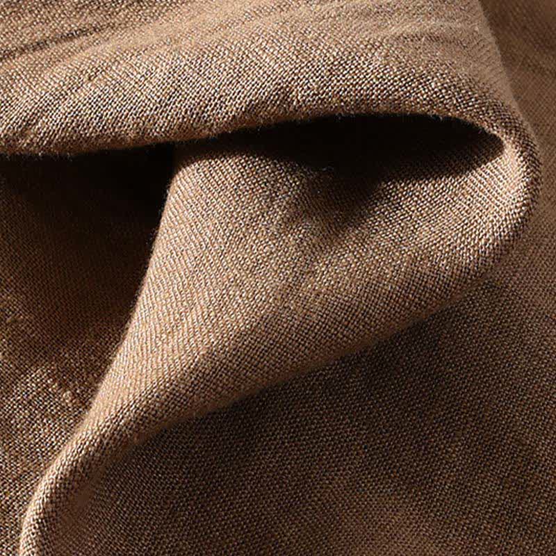 Nimara Ritual Summer Casual Tang Style Mandarin Collar Solid Linen Men's Short Sleeve Shirts With Patch Pocket
