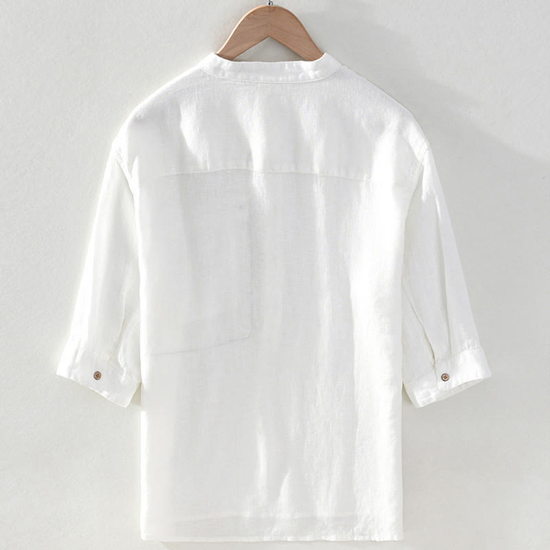 Nimara Ritual Summer Casual Tang Style Mandarin Collar Solid Linen Men's Short Sleeve Shirts With Patch Pocket