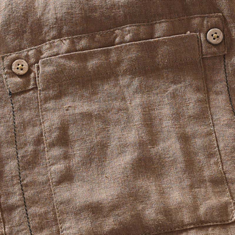 Nimara Ritual Summer Casual Tang Style Mandarin Collar Solid Linen Men's Short Sleeve Shirts With Patch Pocket
