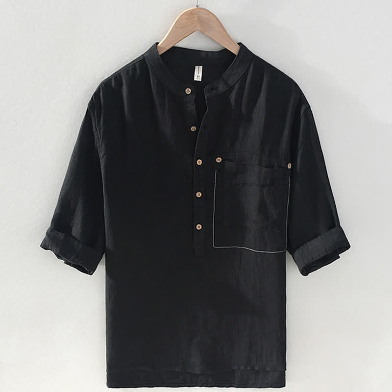 Nimara Ritual Summer Casual Tang Style Mandarin Collar Solid Linen Men's Short Sleeve Shirts With Patch Pocket