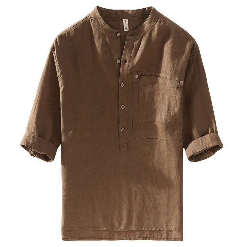 Nimara Ritual Summer Casual Tang Style Mandarin Collar Solid Linen Men's Short Sleeve Shirts With Patch Pocket