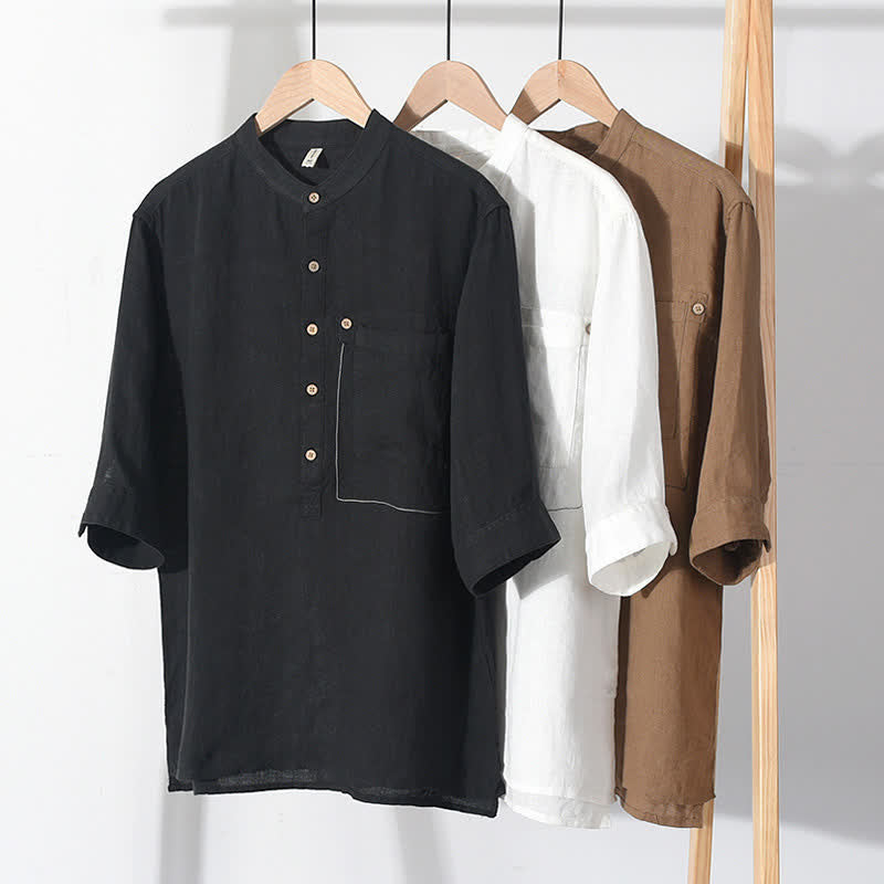 Nimara Ritual Summer Casual Tang Style Mandarin Collar Solid Linen Men's Short Sleeve Shirts With Patch Pocket