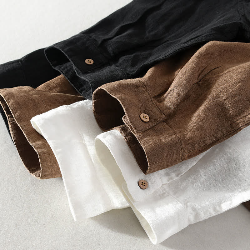 Nimara Ritual Summer Casual Tang Style Mandarin Collar Solid Linen Men's Short Sleeve Shirts With Patch Pocket