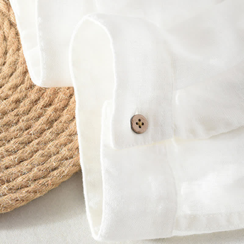 Nimara Ritual Summer Casual Tang Style Mandarin Collar Solid Linen Men's Short Sleeve Shirts With Patch Pocket