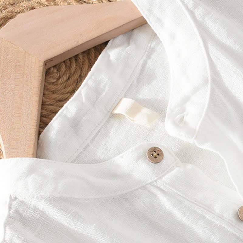 Nimara Ritual Summer Casual Tang Style Mandarin Collar Solid Linen Men's Short Sleeve Shirts With Patch Pocket