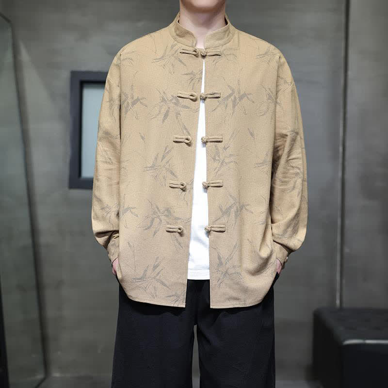 Nimara Ritual Fall Tang Style Vintage Mandarin Collar Bamboo Leaf Cotton Linen Men's Long Sleeve Shirts