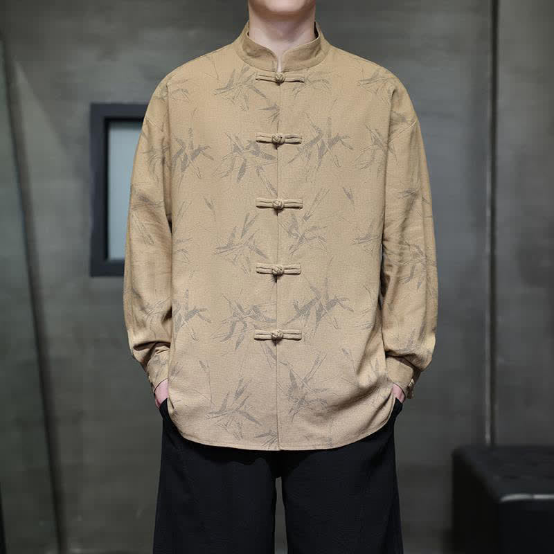 Nimara Ritual Fall Tang Style Vintage Mandarin Collar Bamboo Leaf Cotton Linen Men's Long Sleeve Shirts