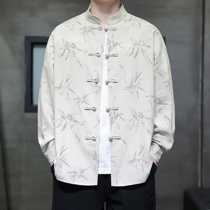 Nimara Ritual Fall Tang Style Vintage Mandarin Collar Bamboo Leaf Cotton Linen Men's Long Sleeve Shirts