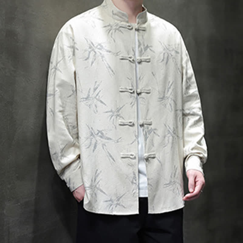 Nimara Ritual Fall Tang Style Vintage Mandarin Collar Bamboo Leaf Cotton Linen Men's Long Sleeve Shirts