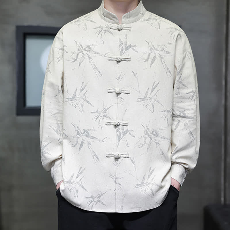Nimara Ritual Fall Tang Style Vintage Mandarin Collar Bamboo Leaf Cotton Linen Men's Long Sleeve Shirts