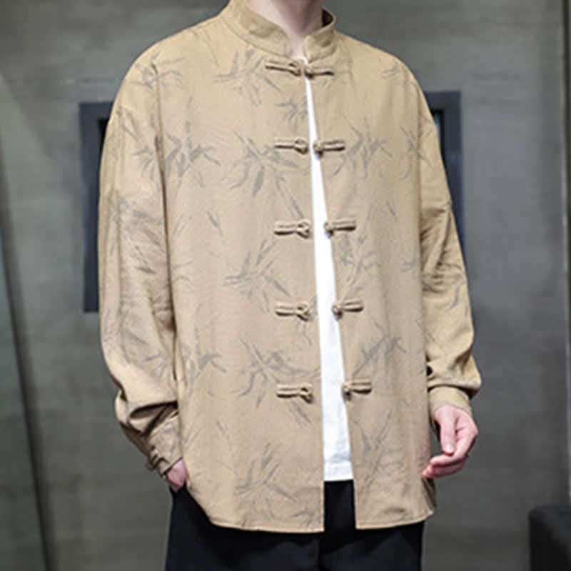 Nimara Ritual Fall Tang Style Vintage Mandarin Collar Bamboo Leaf Cotton Linen Men's Long Sleeve Shirts