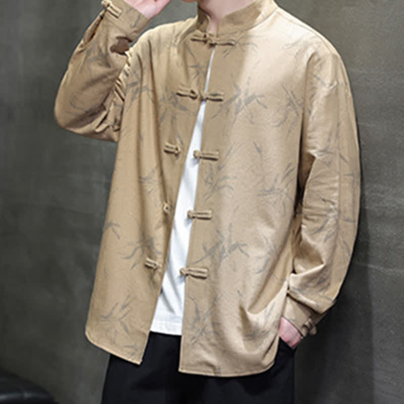 Nimara Ritual Fall Tang Style Vintage Mandarin Collar Bamboo Leaf Cotton Linen Men's Long Sleeve Shirts