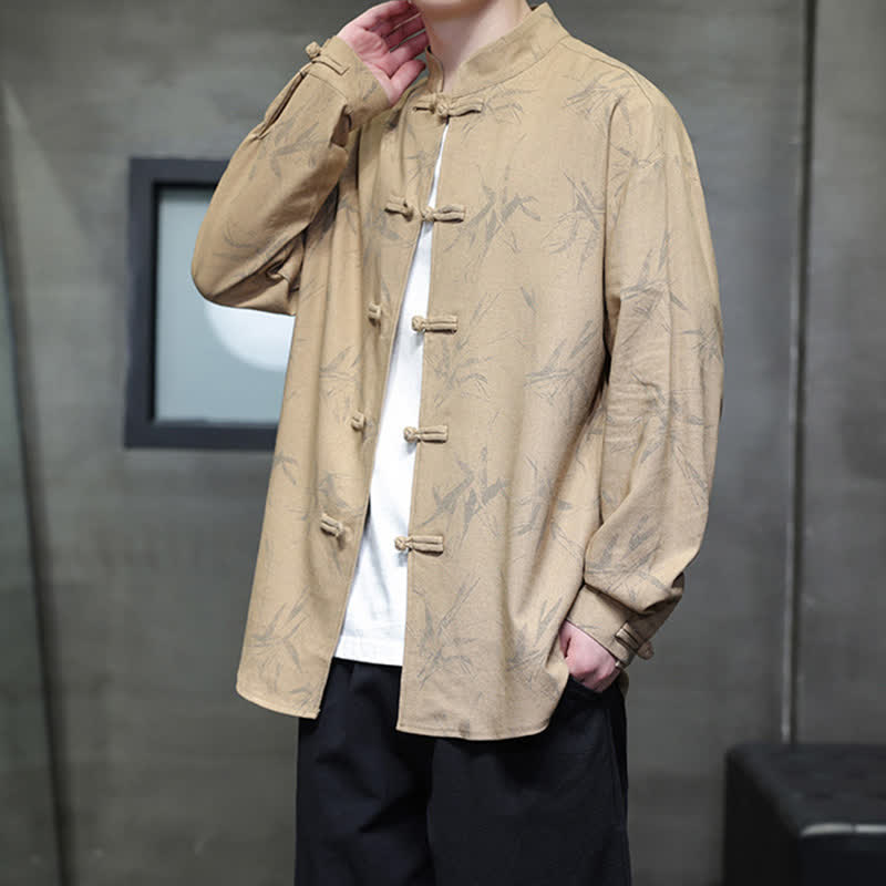 Nimara Ritual Fall Tang Style Vintage Mandarin Collar Bamboo Leaf Cotton Linen Men's Long Sleeve Shirts