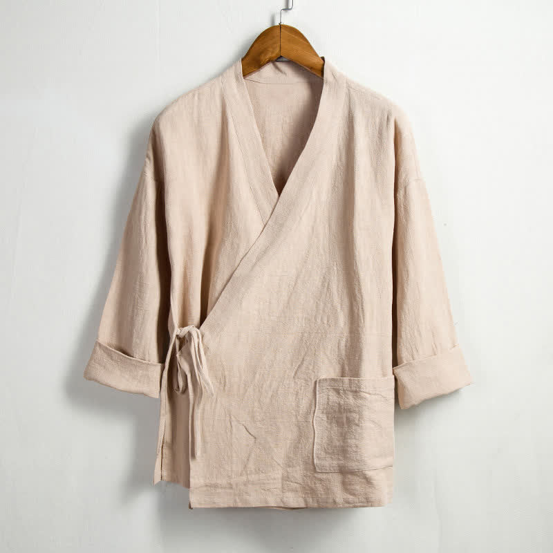 Nimara Ritual Spring Casual Tang Style Drawstring Solid Ramie Men's Kimonos With Pocket