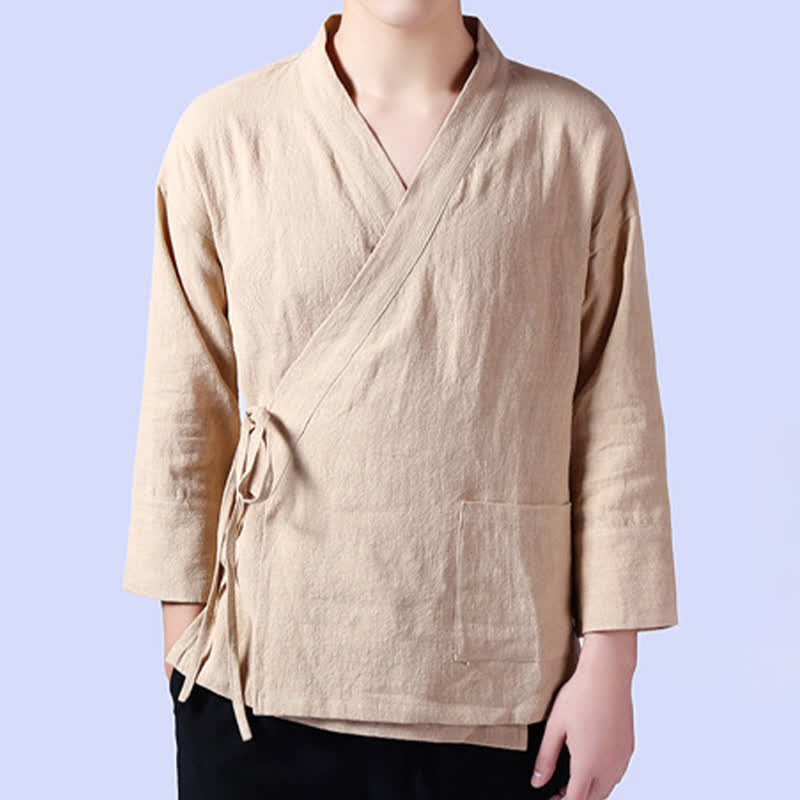 Nimara Ritual Spring Casual Tang Style Drawstring Solid Ramie Men's Kimonos With Pocket