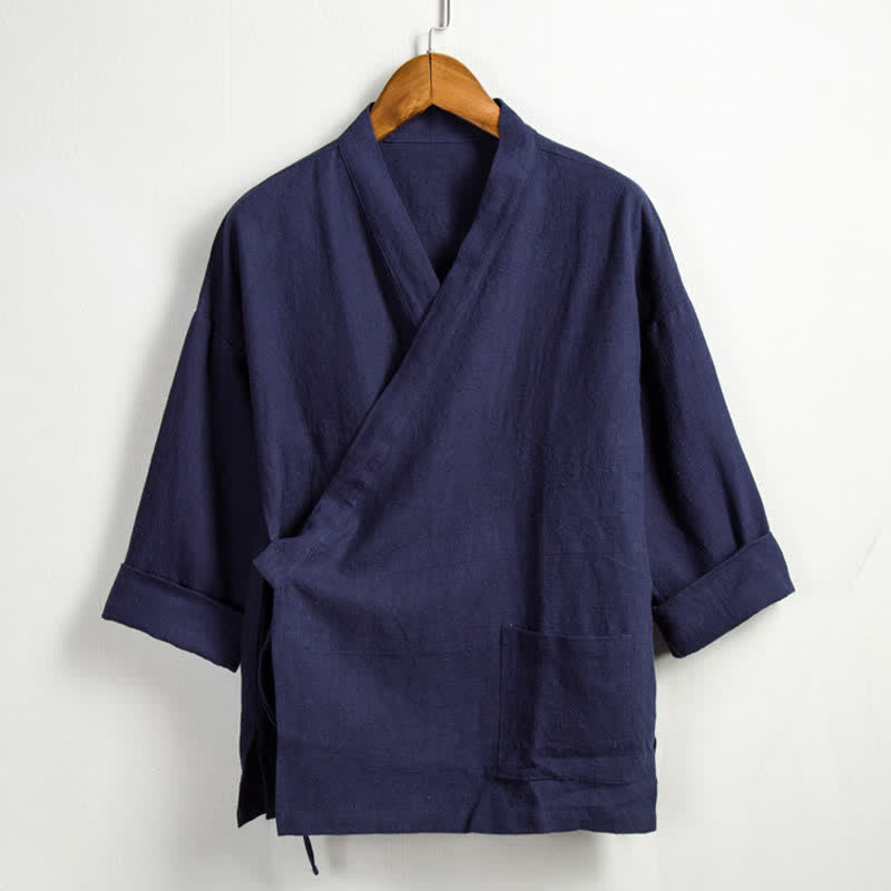 Nimara Ritual Spring Casual Tang Style Drawstring Solid Ramie Men's Kimonos With Pocket