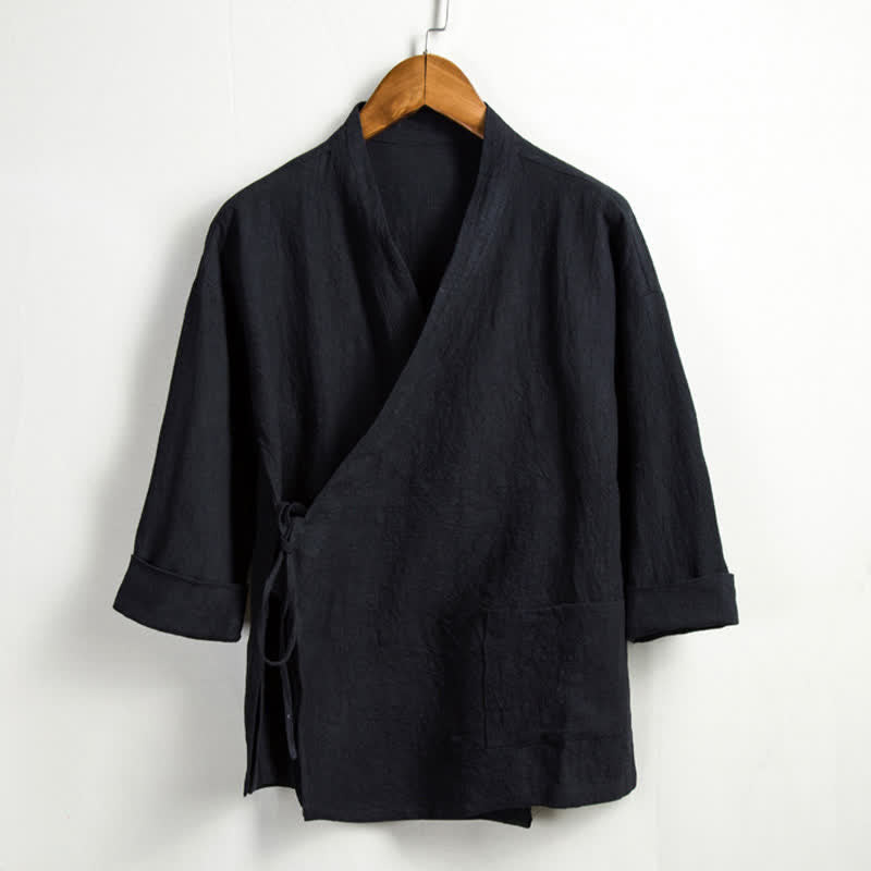 Nimara Ritual Spring Casual Tang Style Drawstring Solid Ramie Men's Kimonos With Pocket