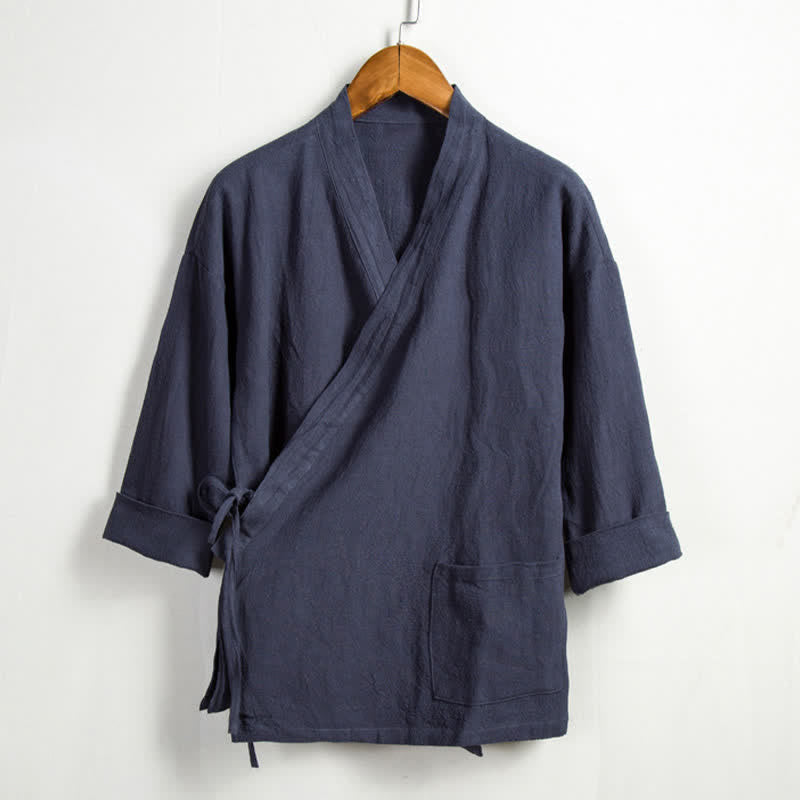 Nimara Ritual Spring Casual Tang Style Drawstring Solid Ramie Men's Kimonos With Pocket