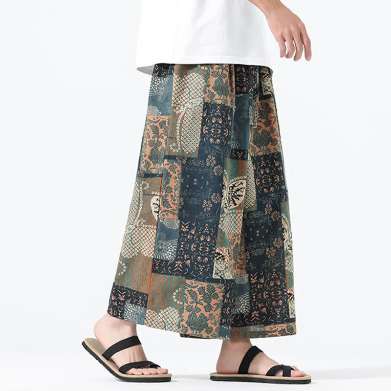 Nimara Ritual Spring Summer Boho Casual Drawstring Floral Patchwork Cropped Pants Men's Wide Leg Pants With Pockets