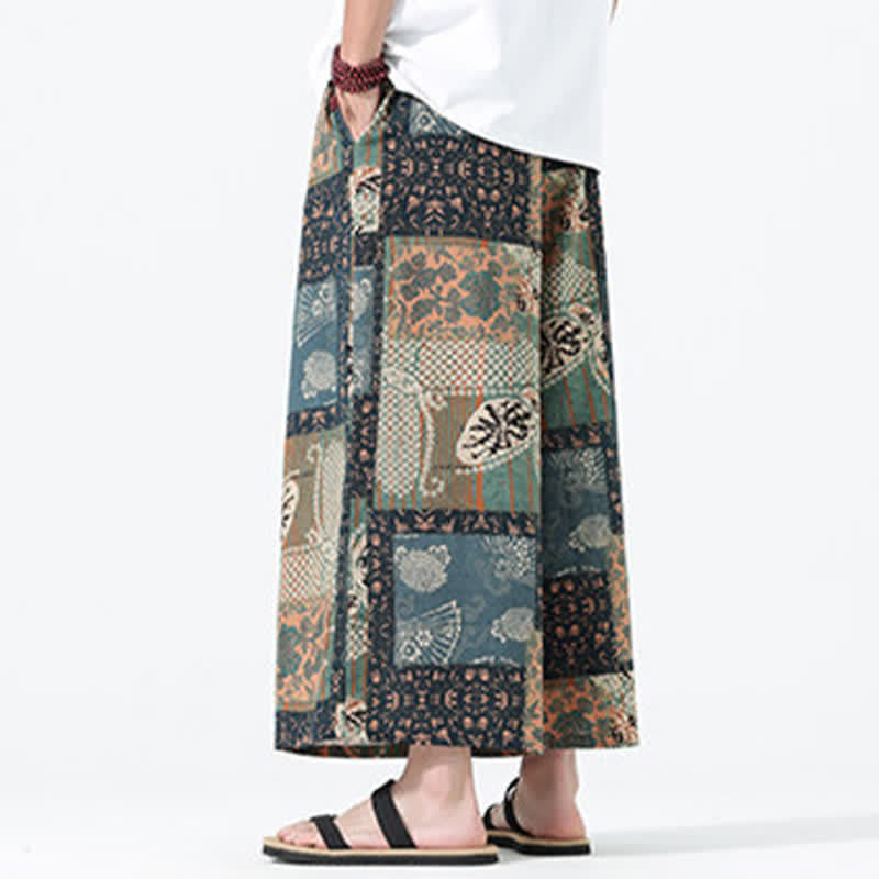 Nimara Ritual Spring Summer Boho Casual Drawstring Floral Patchwork Cropped Pants Men's Wide Leg Pants With Pockets