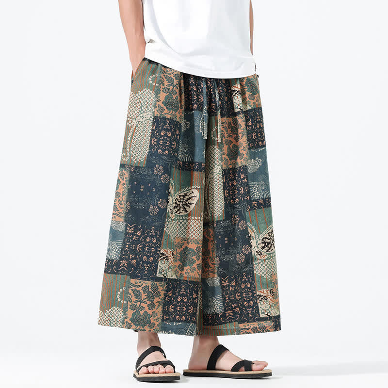 Nimara Ritual Spring Summer Boho Casual Drawstring Floral Patchwork Cropped Pants Men's Wide Leg Pants With Pockets