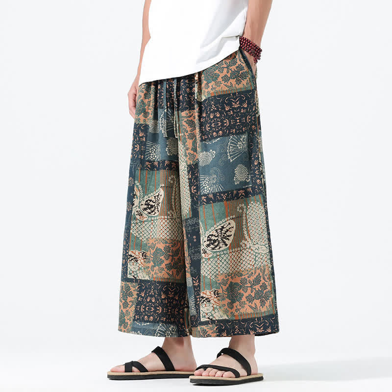 Nimara Ritual Spring Summer Boho Casual Drawstring Floral Patchwork Cropped Pants Men's Wide Leg Pants With Pockets